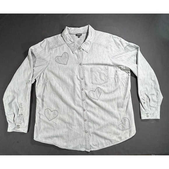 Torrid Taylor Gray Hearts Button Up Roll Tab Long Sleeve women's size 2 - 2X - Picture 1 of 11